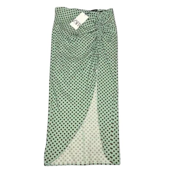 Zara Skirt WMNS XS Green Linen Polka Dot Slit Ruched Mini Pin Up Rockabilly Sexy - Picture 10 of 10